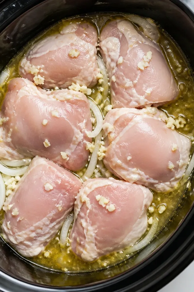 An overhead view of the slow cooker insert before cooking. Onion slices and minced garlic spread across the bottom, with raw chicken thighs laid on top. Green salsa verde is poured around the edges.