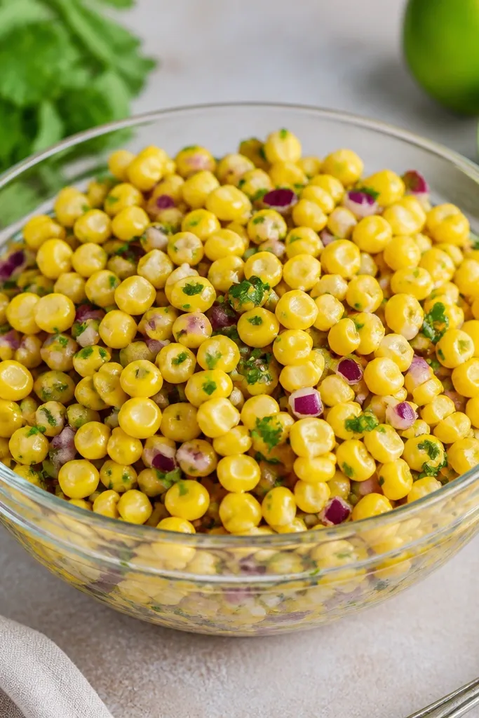 A clear glass bowl filled with bright yellow corn kernels with visible individual pieces, speckled with red onion and tiny green herb bits, with a glossy sheen from lime.