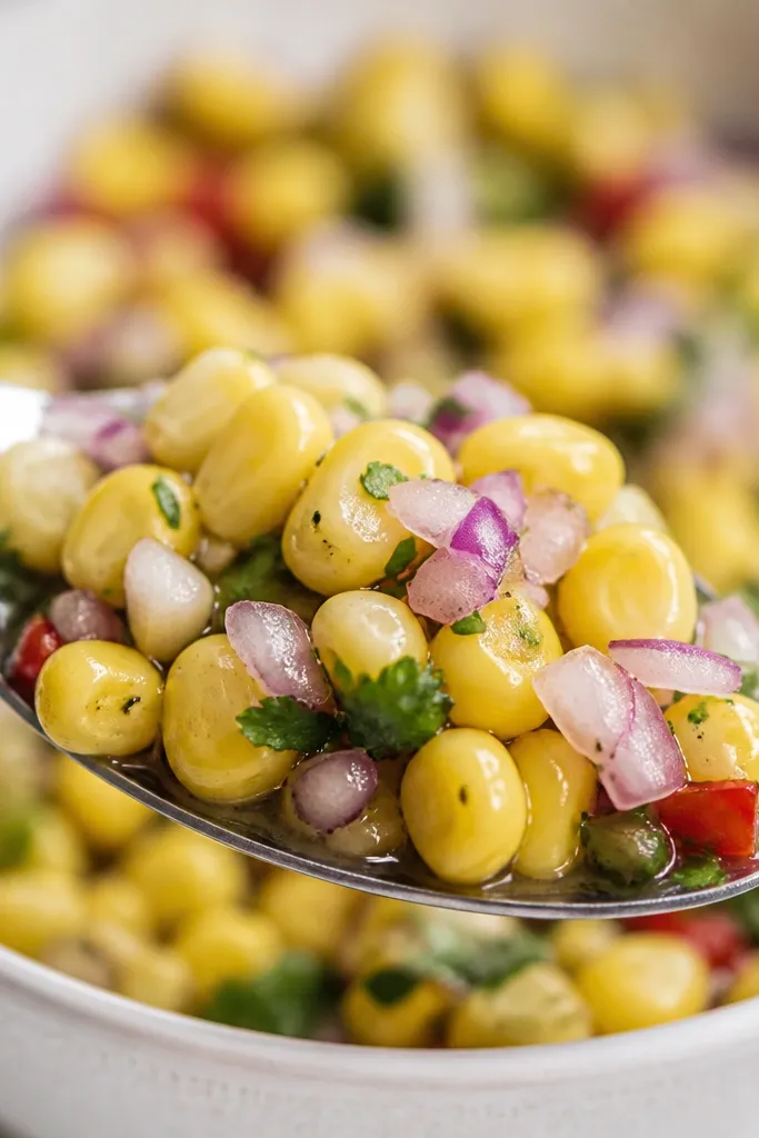 A close-up shot of a spoonful of corn salsa showing thin, translucent red onion pieces scattered across the surface like small flakes.