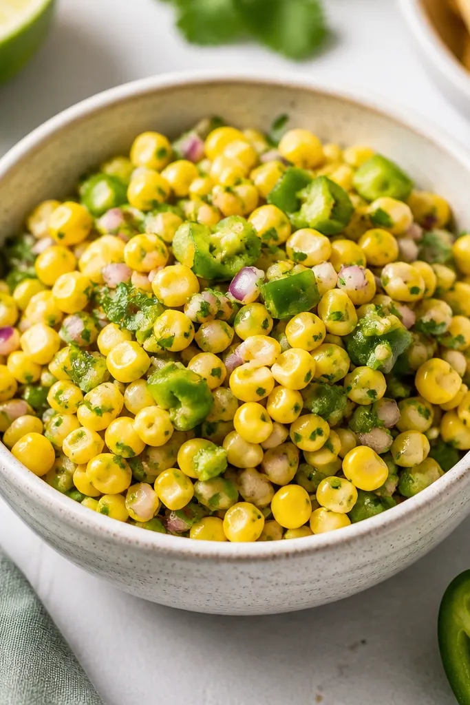 A small bowl of diced jalapeño mixed through corn salsa, with visible green flecks and a few seeds showing on top.