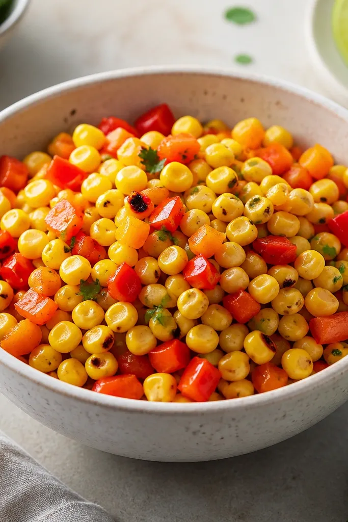 A bowl where red and orange bell pepper pieces are scattered among corn, with crisp edges catching light.