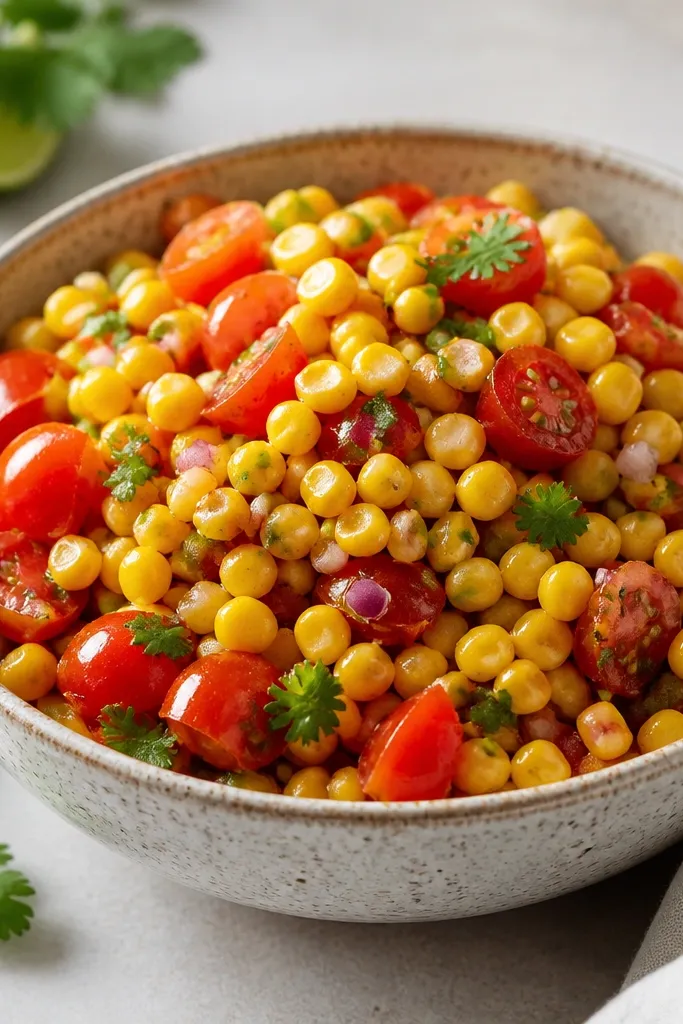 Corn salsa with glossy tomato pieces that look intact and not flooded, with a thicker texture on top.
