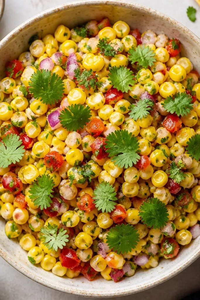 A top-down view of corn salsa with bright green cilantro leaves sprinkled on the surface right before serving.