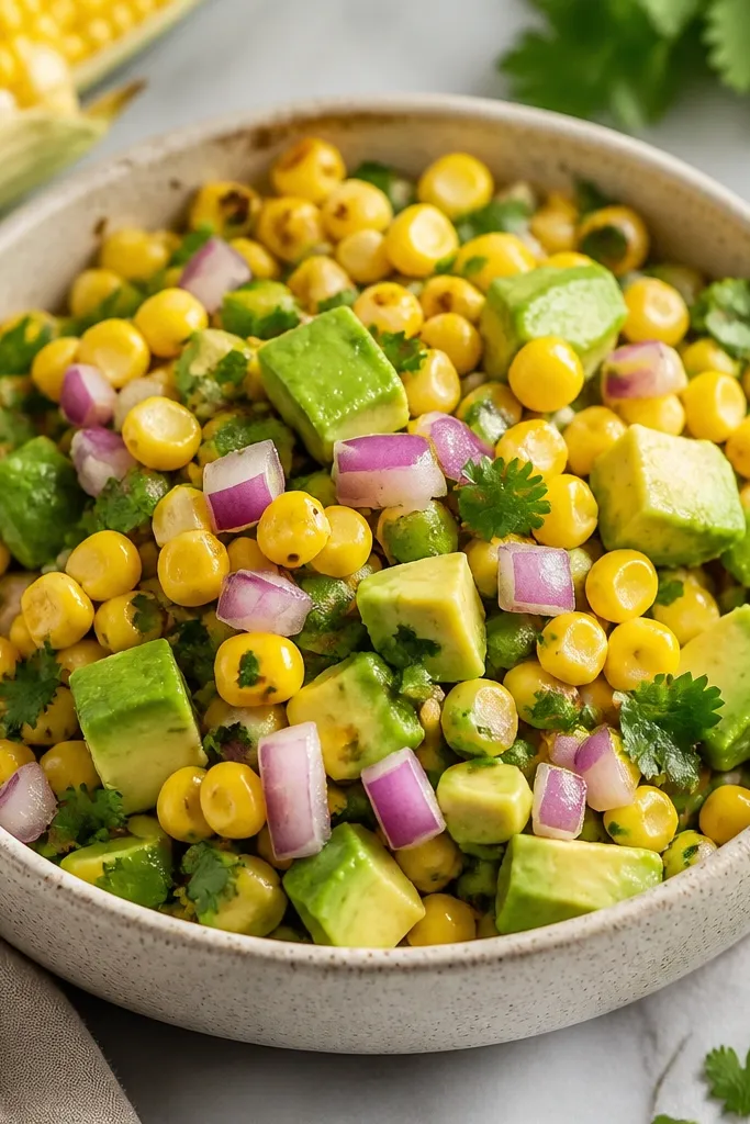 Corn salsa with creamy avocado cubes visible on the surface, surrounded by corn and onion without mashy streaks.