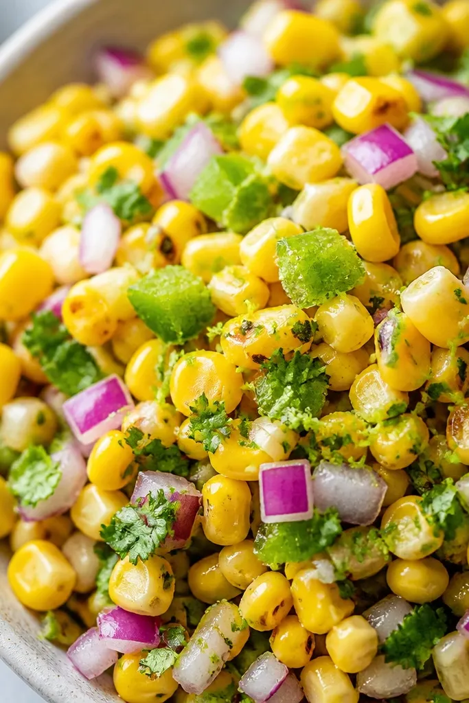 A close-up of corn salsa with tiny yellow flecks of lime zest, under bright kitchen light.