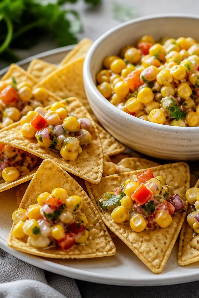 A plate of tortilla chips beside a bowl of corn salsa, with a thick scoop of salsa clinging to each chip.