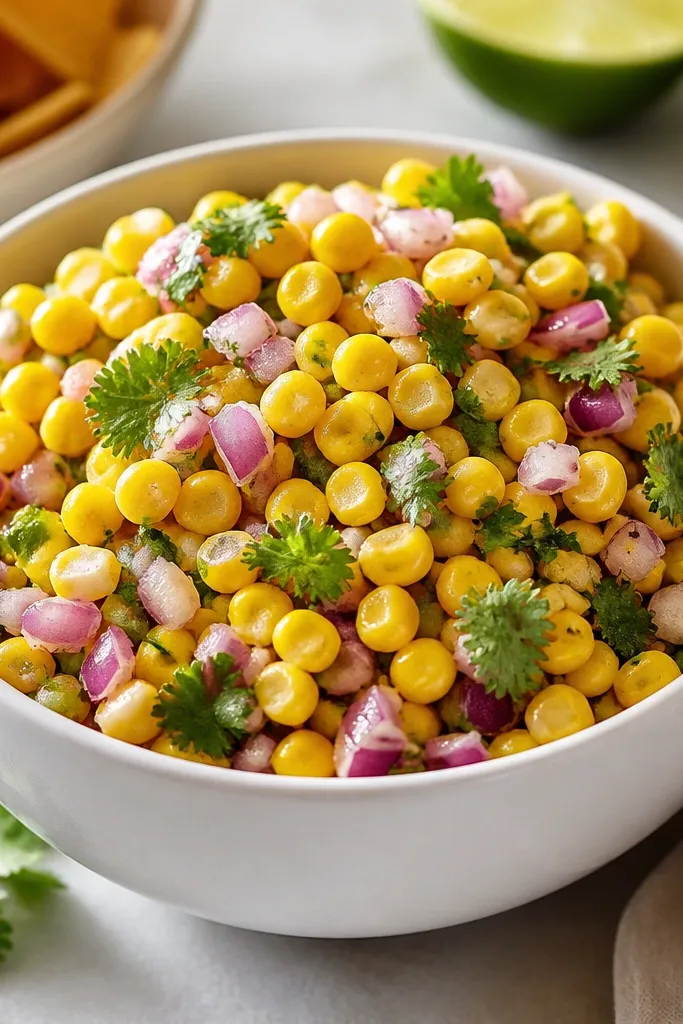A white ceramic bowl filled with sweet corn salsa, with red onion and green cilantro sharply visible.