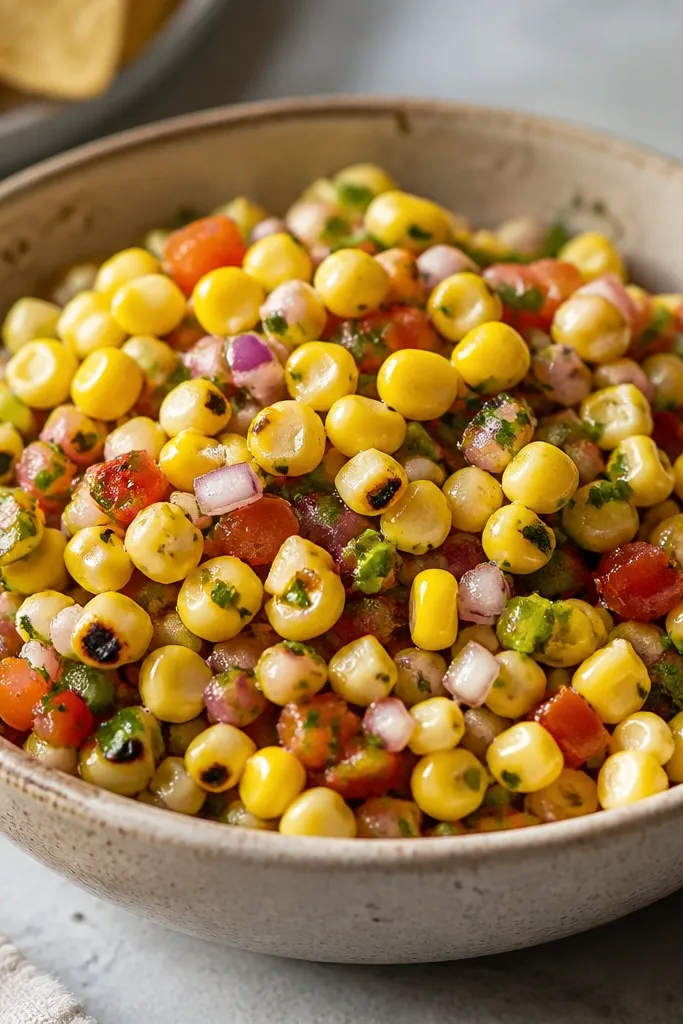Corn salsa with a few darker charred corn spots visible throughout, with a glossy lime dressing.