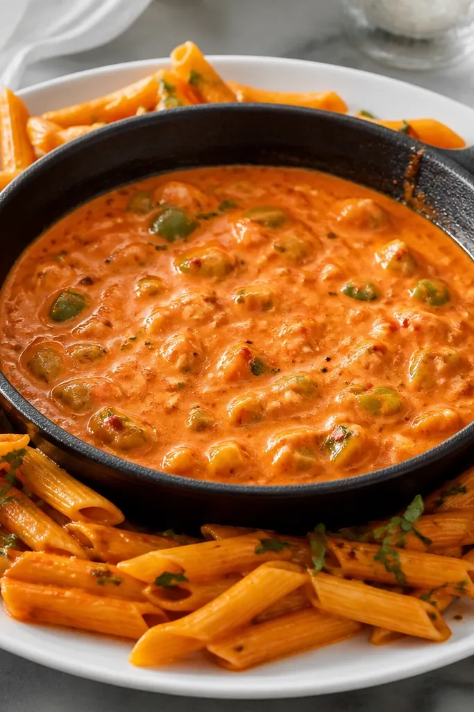 A black cast-iron skillet holding a glossy orange-red vodka sauce with visible flecks of red pepper and chopped green bell pepper, surrounded by twirled penne on a white plate.