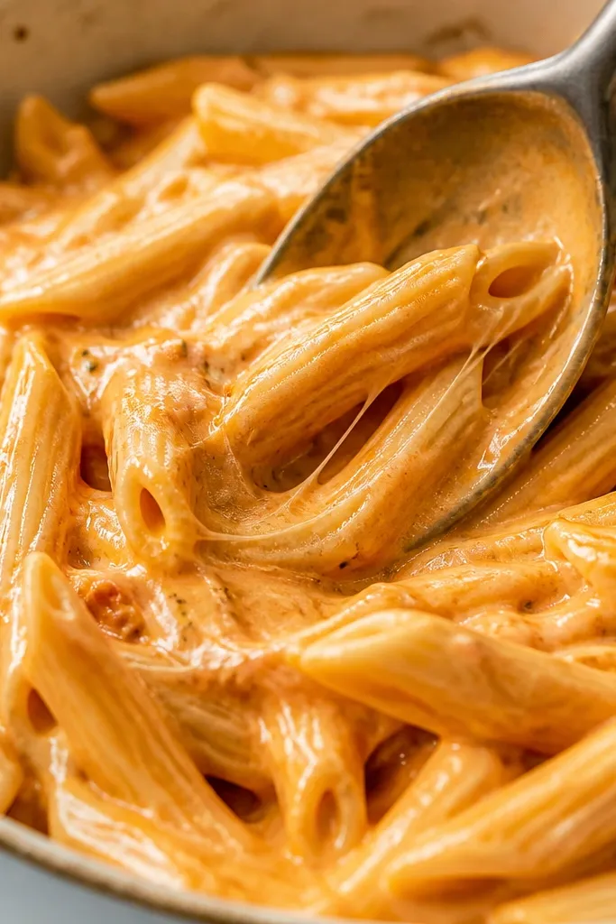 A close-up of penne coated in creamy orange sauce, with a spoon dragging a swirl through the top layer; thin strands of melted cheese cling to pasta.
