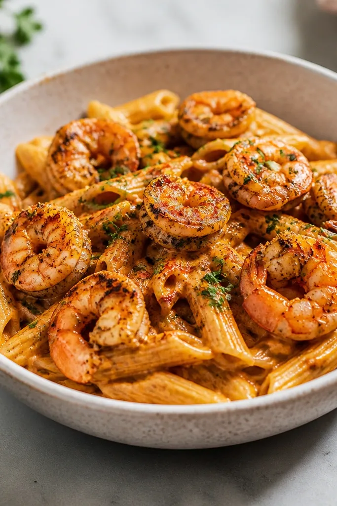 A bowl of Cajun vodka pasta with 8-10 pink shrimp on top, lightly charred edges, plus a dusting of paprika and chopped parsley.