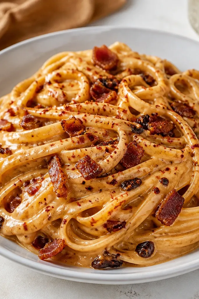 A plate of pasta with crumbled bacon bits visible throughout the sauce, plus small blackened onion pieces and a light dusting of cayenne.