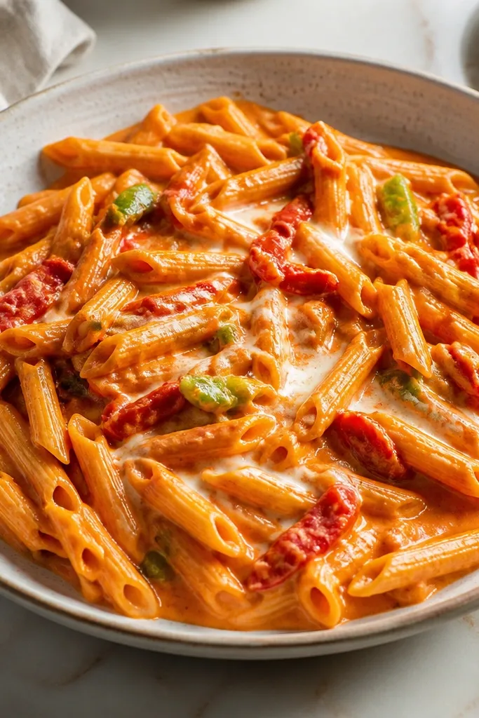 Pasta with orange-red sauce and visible roasted red pepper strips, slightly glossy, with a few green pepper bits and a swirl of cream.