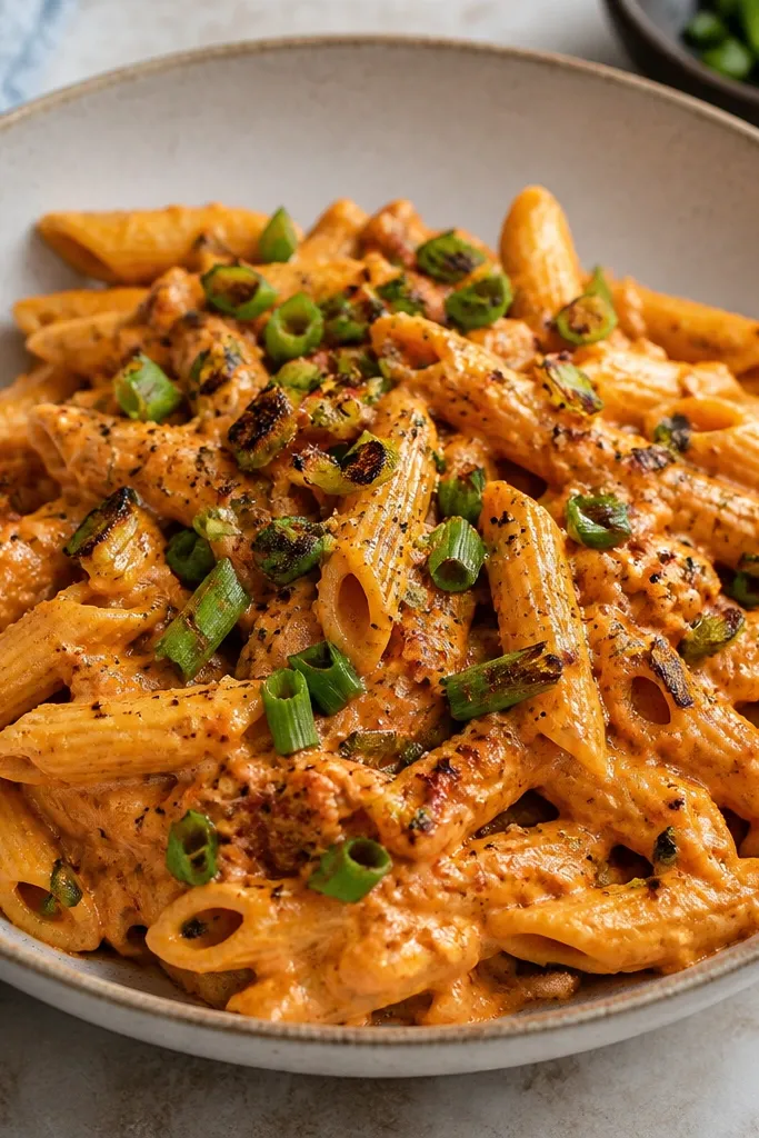 A bowl of Cajun vodka pasta finished with chopped green onions that show browned tips, with a sprinkle of cracked black pepper.