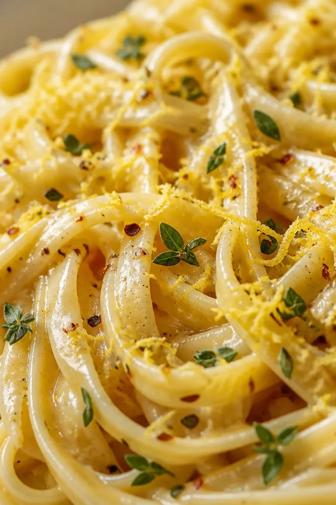 Close-up of pasta with fine pale-yellow lemon zest scattered over the top, with tiny herb flecks and red pepper specks.