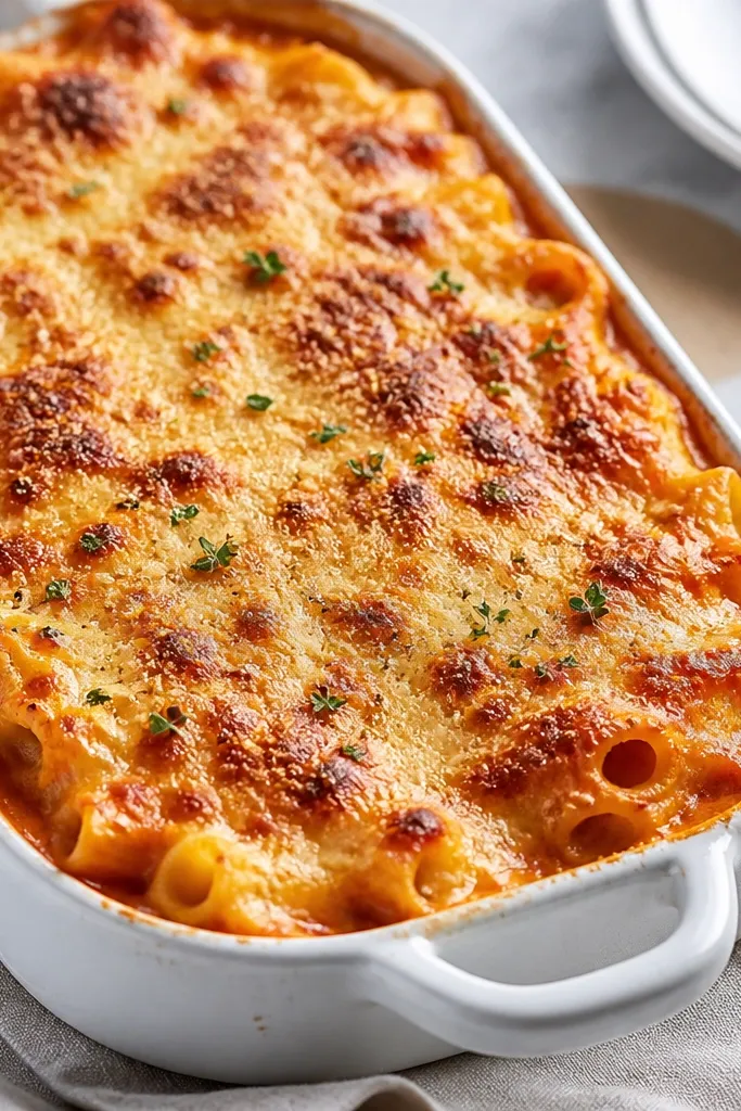 Pasta baked briefly under a broiler with a golden Parmesan top, bubbling orange-red sauce at the edges, and browned cheese freckles.