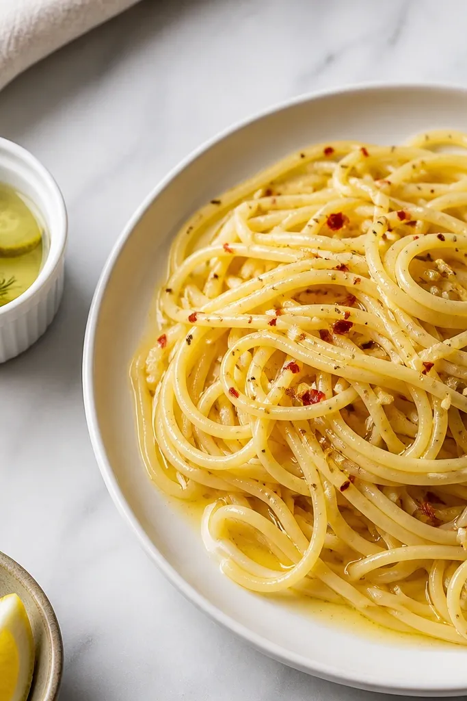 A plate of pasta with a glossy sauce and tiny red pepper flakes; a small ramekin of dill pickle brine sits beside the plate, with lemon wedges in the corner.