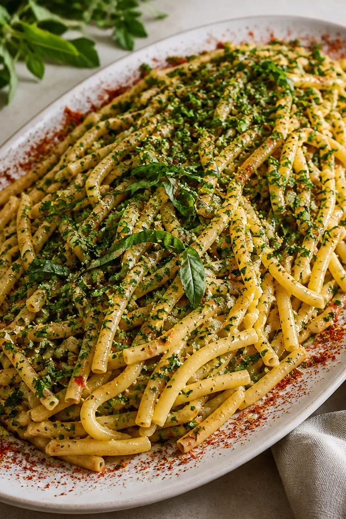 A serving platter with pasta piled high, lots of chopped parsley and basil on top, plus a ring of black pepper and paprika around the edge.