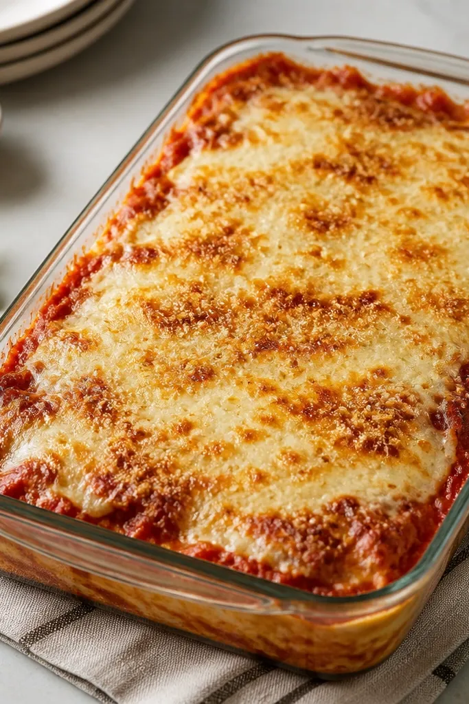 A 9x13-inch glass baking dish filled with layered chicken parmesan. The cheese top is mottled golden with tiny darker Parmesan freckles, and a few spots of marinara peek around the edges.