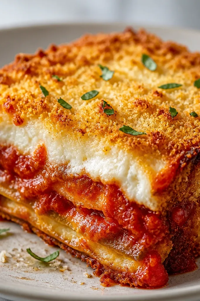 Close-up of a plated slice showing crunchy brown breadcrumb edges. Marinara sits in the center and along the sides, while the very top crust stays visibly crisp and golden.