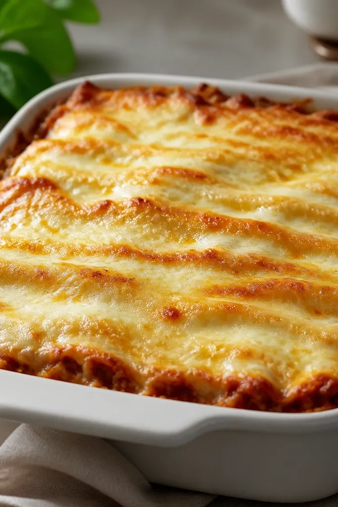 The cheese layer shows lighter, creamy white melt in some bands and slightly darker golden bands in others. The top has thin, irregular lines where cheese stretches and browns.