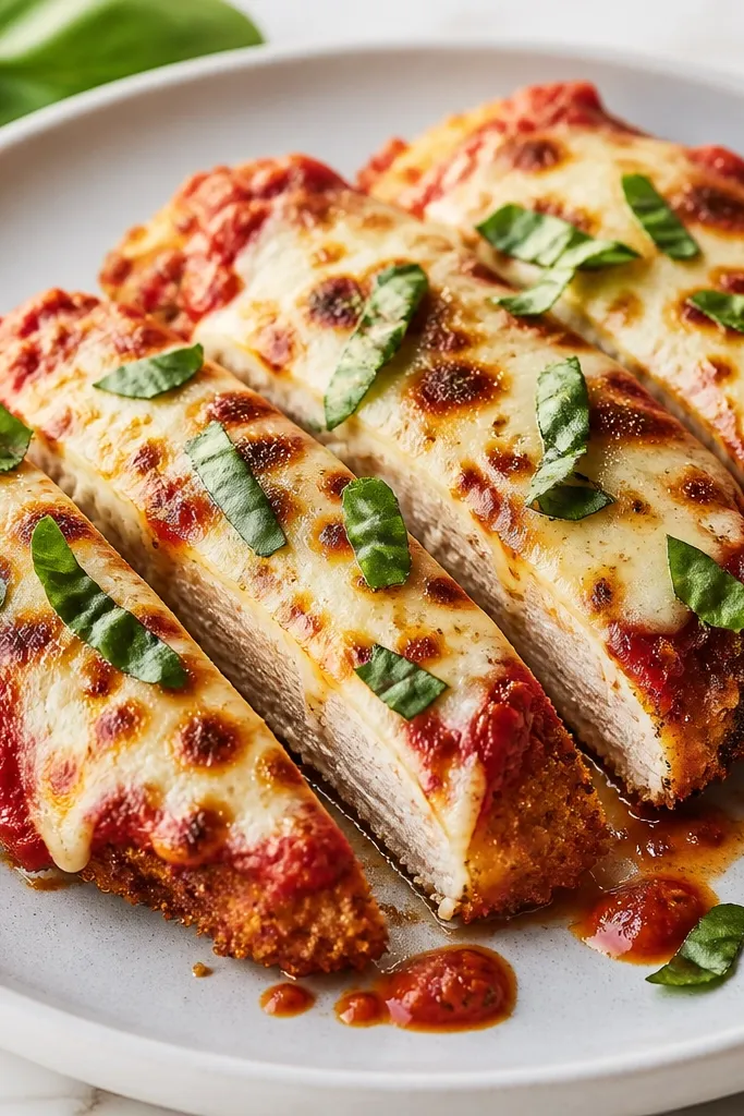 A serving plate with chicken parmesan cut into thick pieces. Bright green basil leaves are torn and scattered across the cheese top, with small droplets of marinara visible near the edges.