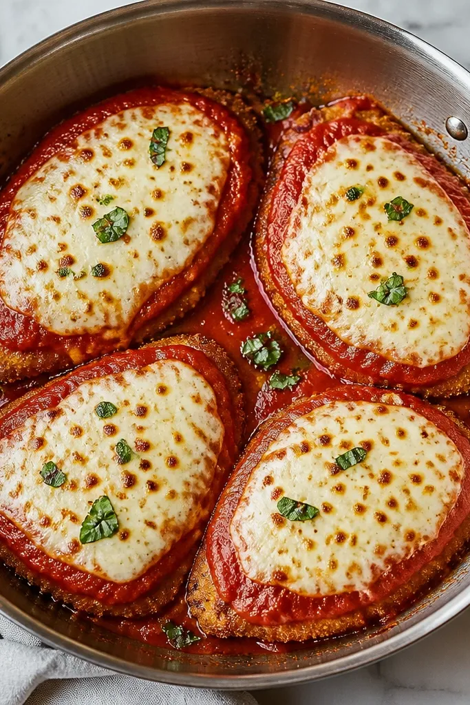 A pan view where each chicken cutlet has a neat red ring of marinara around it. The cheese top stays mostly centered, with red sauce visible only at the perimeter.