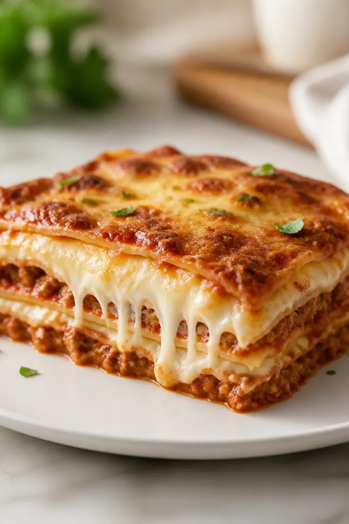 A slice on a white plate showing stacked layers. The cheese stretches in a short, controlled pull and then settles, leaving a neat edge line where it browned.