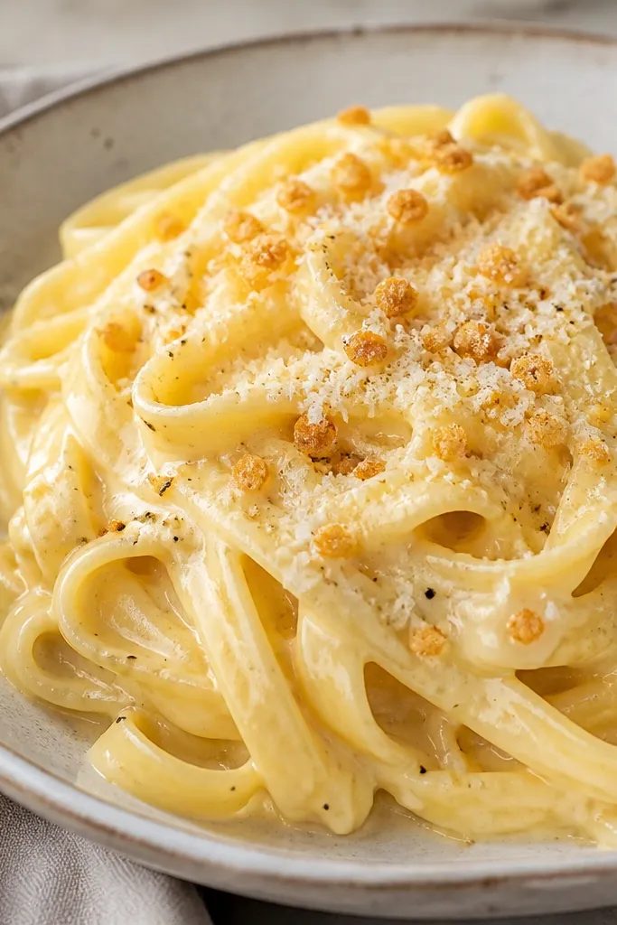 The top shows tiny golden garlic bits mixed into Parmesan. The cheese remains glossy, but the surface has crunchy-looking specks.