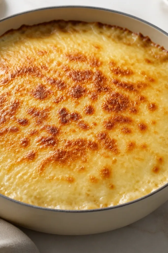 A pan where the cheese is mostly melted and then becomes more golden at the very top only. The sides show light bubbling, but the top has the strongest browning.