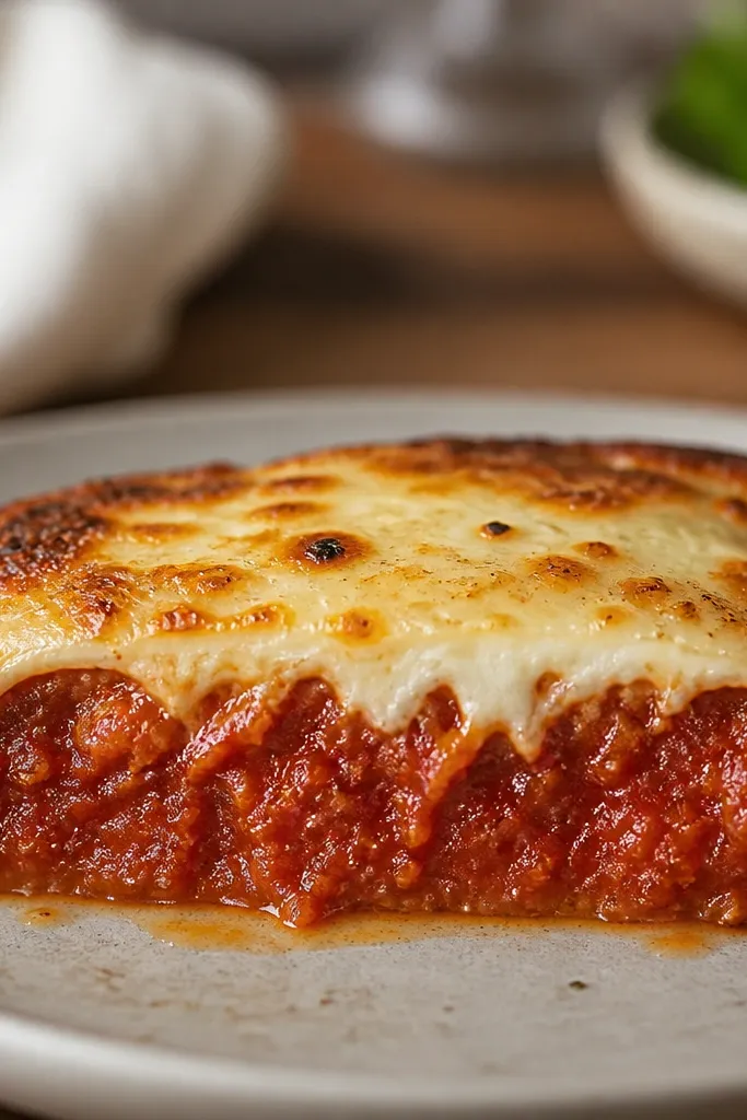 A cross-section view where marinara is visibly thick and red, pushing up slightly under the cheese. The cheese cap sits on top like a lid, with a few bubbles at the seam.