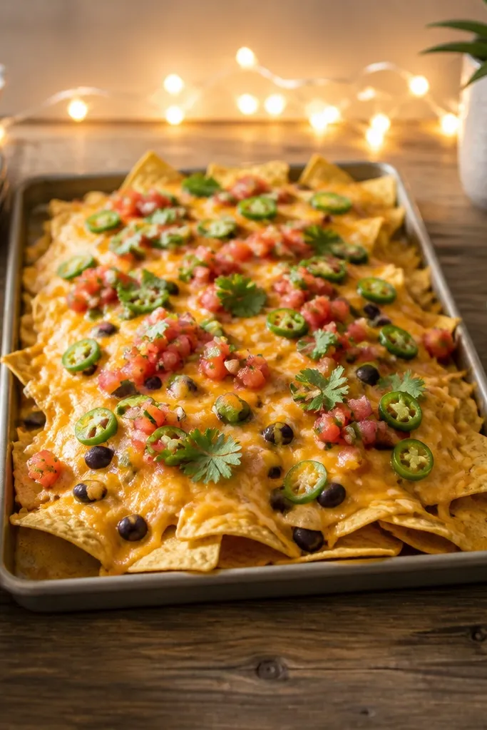 A rectangular serving tray sits on a dining table. Warm white fairy lights run along the back edge behind the tray, creating a soft glow on golden tortilla chips and melted cheddar. Small bowls of salsa and lime sit to the sides.