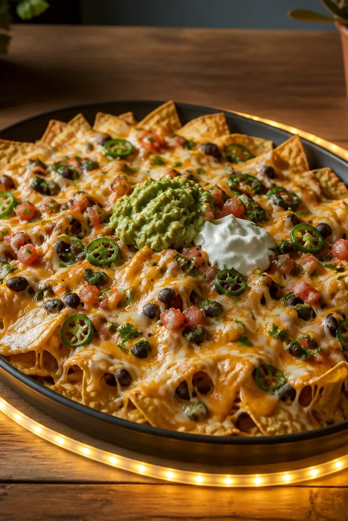 Nachos are arranged in a wide oval pan, with melted cheese pooling and stretching between chips. A thin strip of warm LED lights outlines the pan perimeter on the table, creating a glowing border.