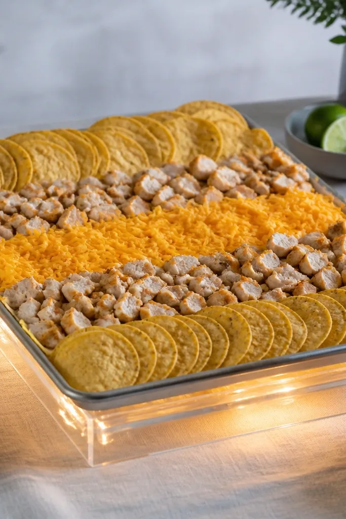 A sheet pan is covered with chips laid in rows like shingles. Chicken and cheese sit in two neat bands. Warm LEDs are placed under a clear acrylic serving riser, glowing upward.
