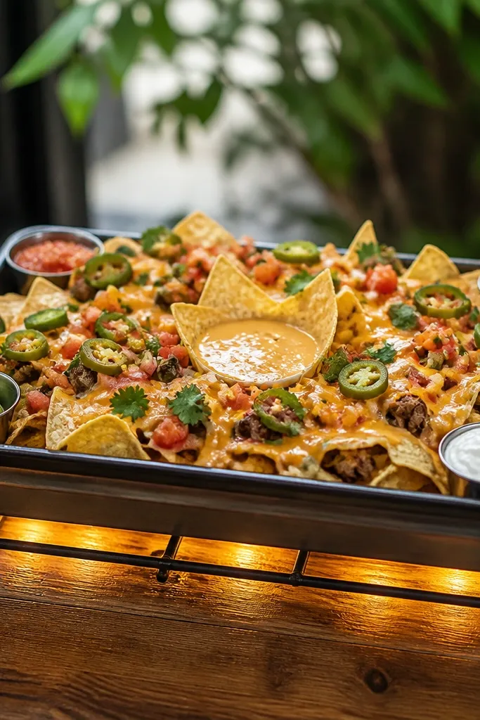 A metal tray holds nachos with a visible queso pool in the center. Under-tray warm lantern-style LEDs glow upward. The tray has small condiment cups around the edges.