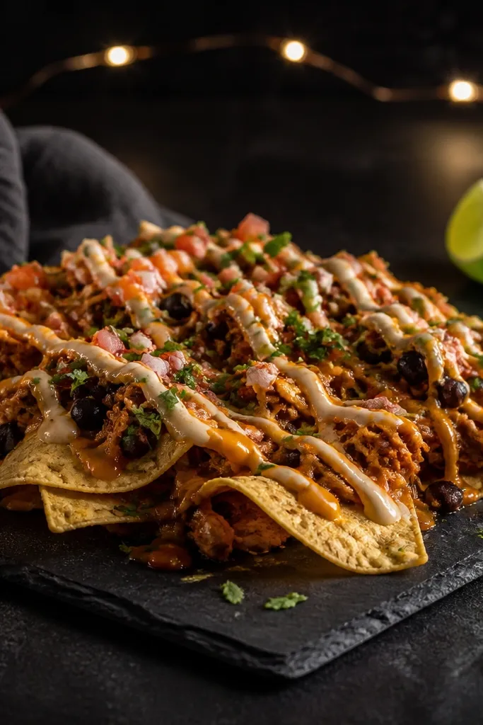 Nachos sit on a dark slate board. Warm white lights are mixed with a small green LED accent near lime wedges. The chips and chicken look dramatic against the dark background.