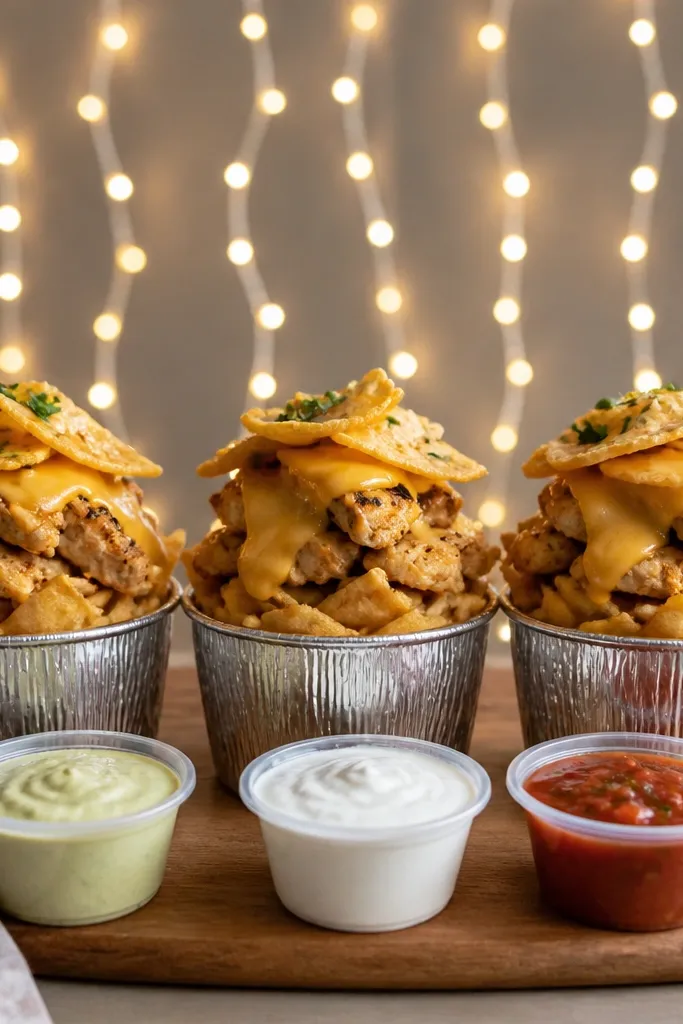 Three small foil cups each hold a compact stack of chips, chicken, and cheese. Warm string lights stretch behind the cups like a curtain. Condiment cups sit at the base.