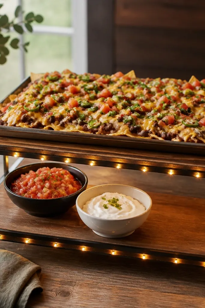 A full sheet pan of nachos sits on a two-step serving stand. Warm LEDs are wrapped along the steps. The top step has the nachos, and the bottom step holds salsa and sour cream.