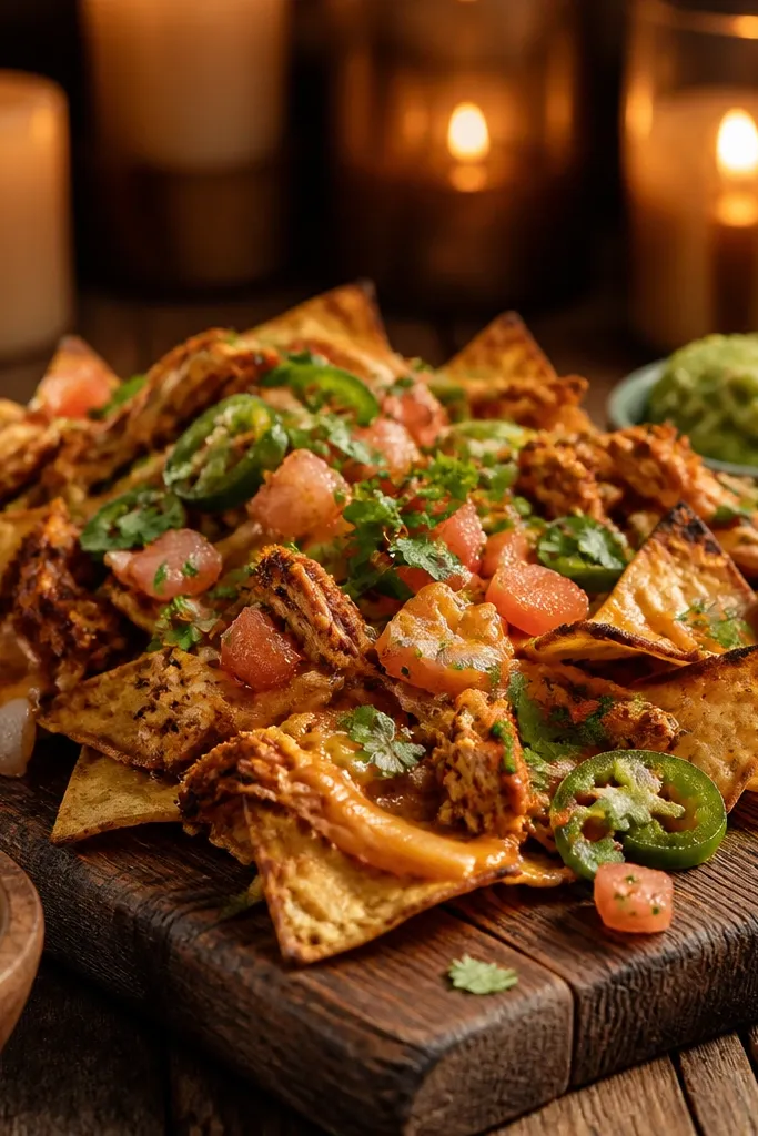 Nachos are spread on a rustic wooden board. Candle-look warm LEDs flicker behind the board. The chicken has a smoky seasoning, and you can see charred-looking edges on chips.