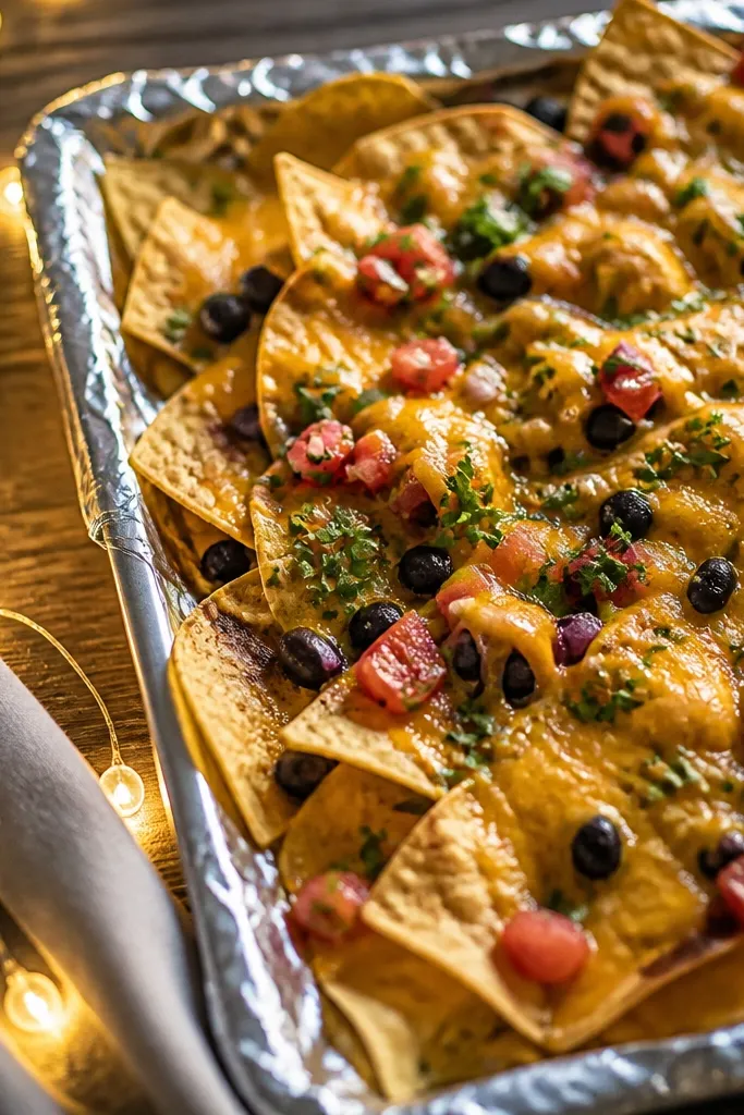 Nachos sit on a foil-lined tray. Warm LED lights sit to the side of the tray, casting a diagonal glow across the chips. Melted cheese catches highlights across the top layer.
