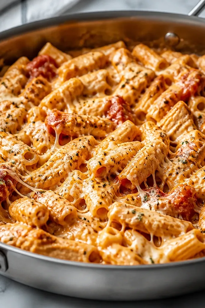 A wide stainless skillet filled with creamy orange-tinted chicken parmesan pasta, glossy sauce clinging to short pasta pieces. Small pools of red tomato sauce peek through, and pale golden cheese stretches between noodles. The surface looks thick, not watery.