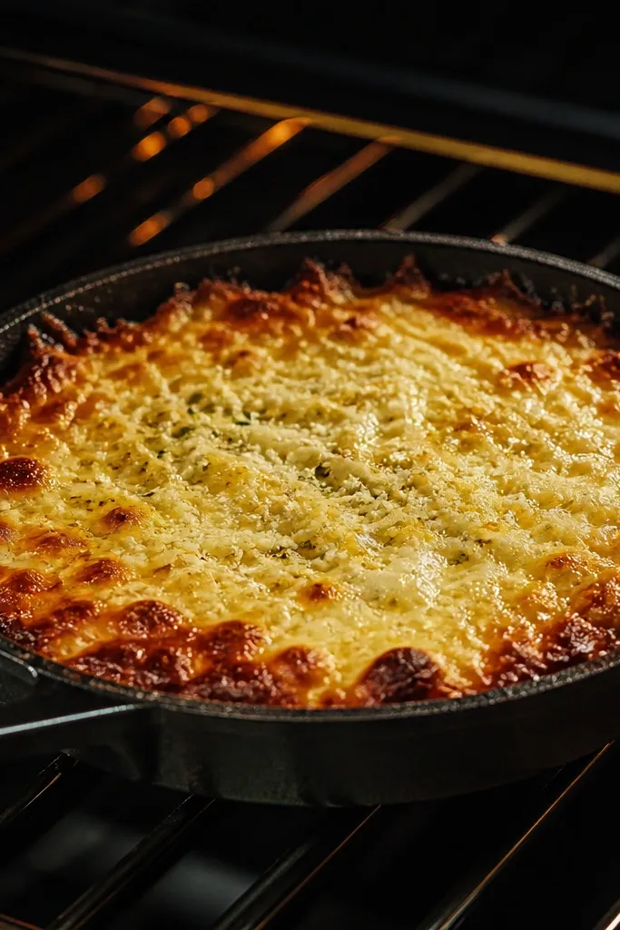 The skillet is under a broiler with a golden top layer of shredded mozzarella and grated parmesan. The edges are darker brown and slightly bubbly, while the center is creamy with melted cheese.