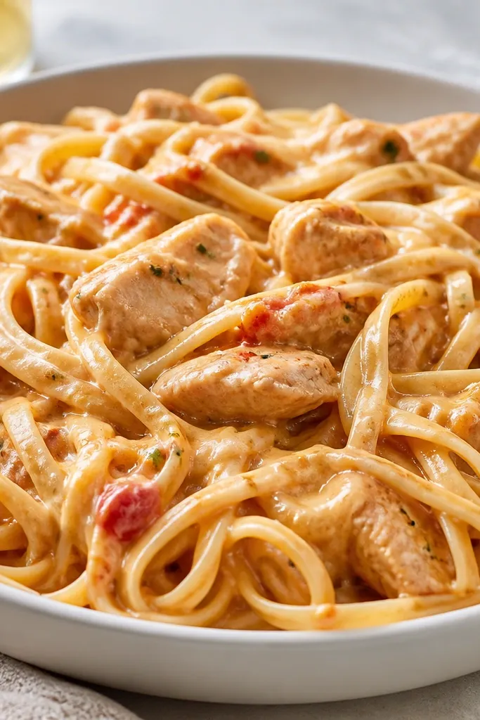 Chicken pieces are visible throughout the pasta, coated in sauce. The sauce has tiny red tomato specks and green herb dots (parsley or basil). Cheese is melted in strands between noodles.