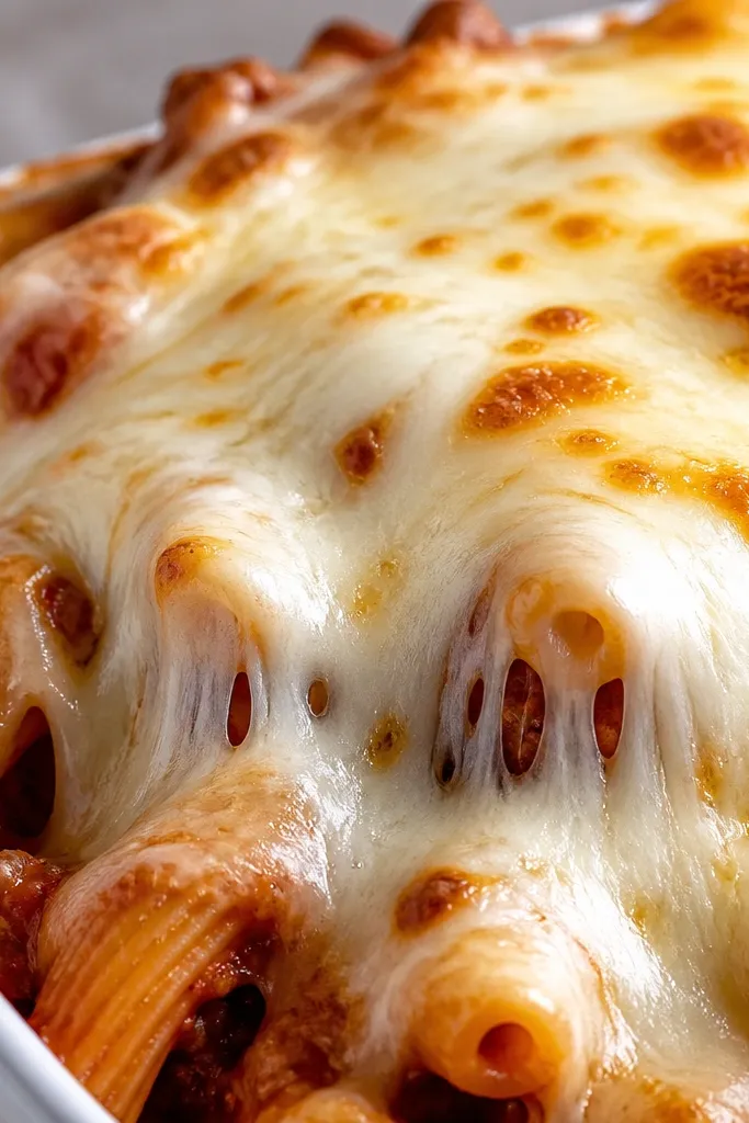 A close-up of the top layer where mozzarella has melted into thick strings over the pasta. The cheese surface looks slightly domed, with glossy strands catching light.