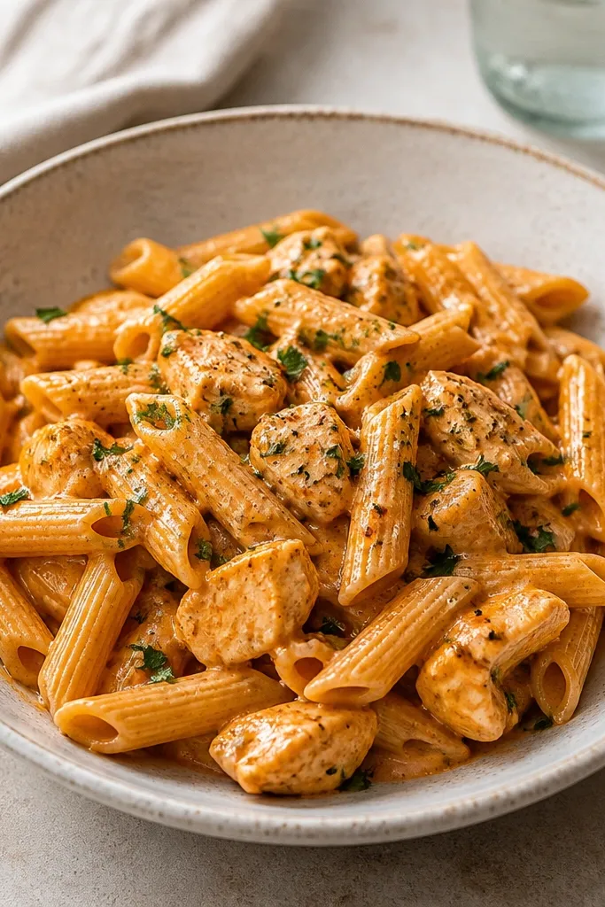 The pasta pieces look distinct - ridged penne or short rigatoni are separate, not clumped. Sauce coats the ridges, and chicken chunks sit between pasta.