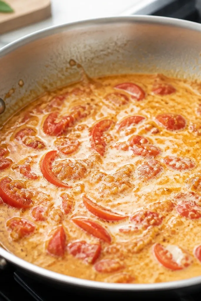 At the bottom of the skillet, there's a thin sheen of melted butter and oil with visible garlic bits. The sauce begins to look creamy as tomatoes and cream are stirred in.