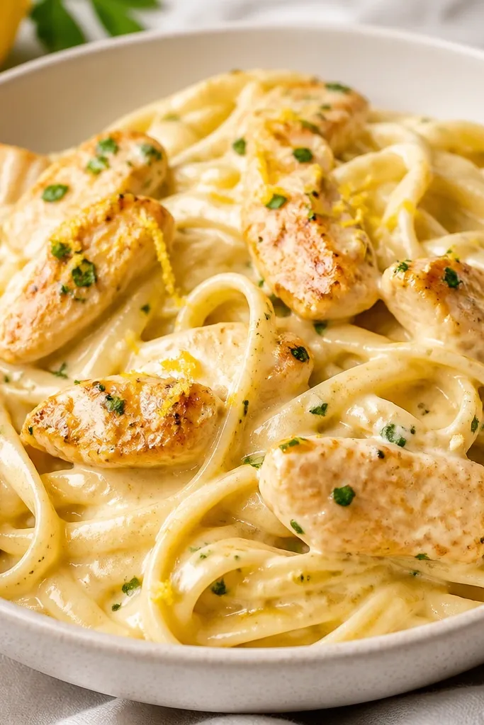 The finished dish has a subtle glossy shine with tiny lemon zest flecks over the top. The color looks slightly brighter than plain cream sauce.