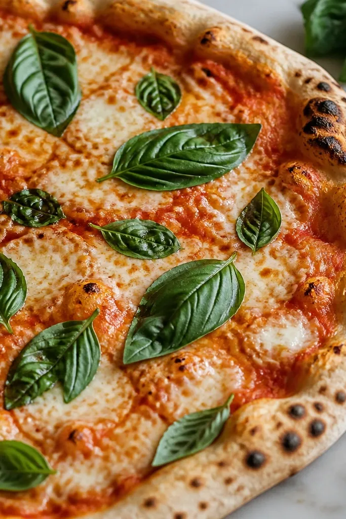 Basil leaves are scattered on top, dark green and slightly glossy, sitting over melted cheese and red-orange sauce. The leaves look fresh, not wilted.