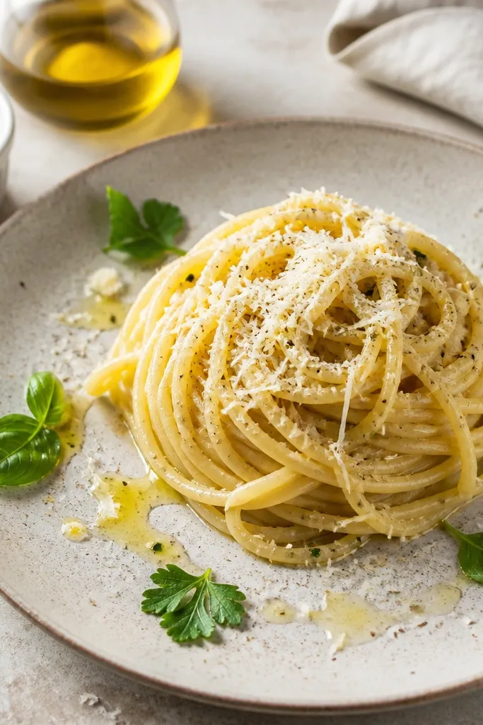 A serving plate with a neat mound of pasta, plus a small ramekin of extra parmesan and a drizzle of olive oil. A few herb leaves sit around the edge of the plate.