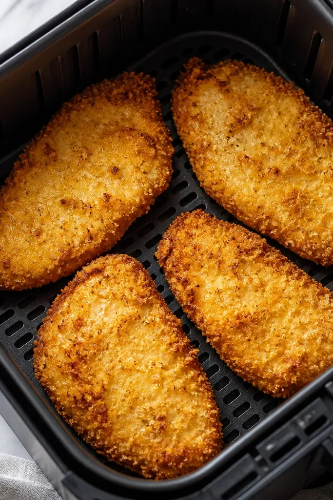 Golden chicken parmesan cutlets in a single layer in an air fryer basket, with visible panko crumbs clinging to the edges and a light sheen of oil on the surface.